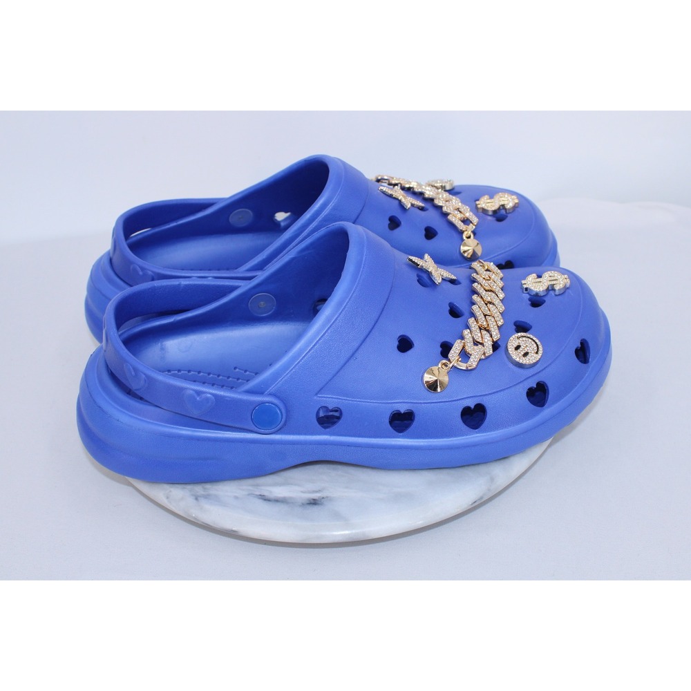 Bon Joli Blue Heart Cutout Platform Clogs Gold Cuban Link Charms Womens 11 - Picture 4 of 7